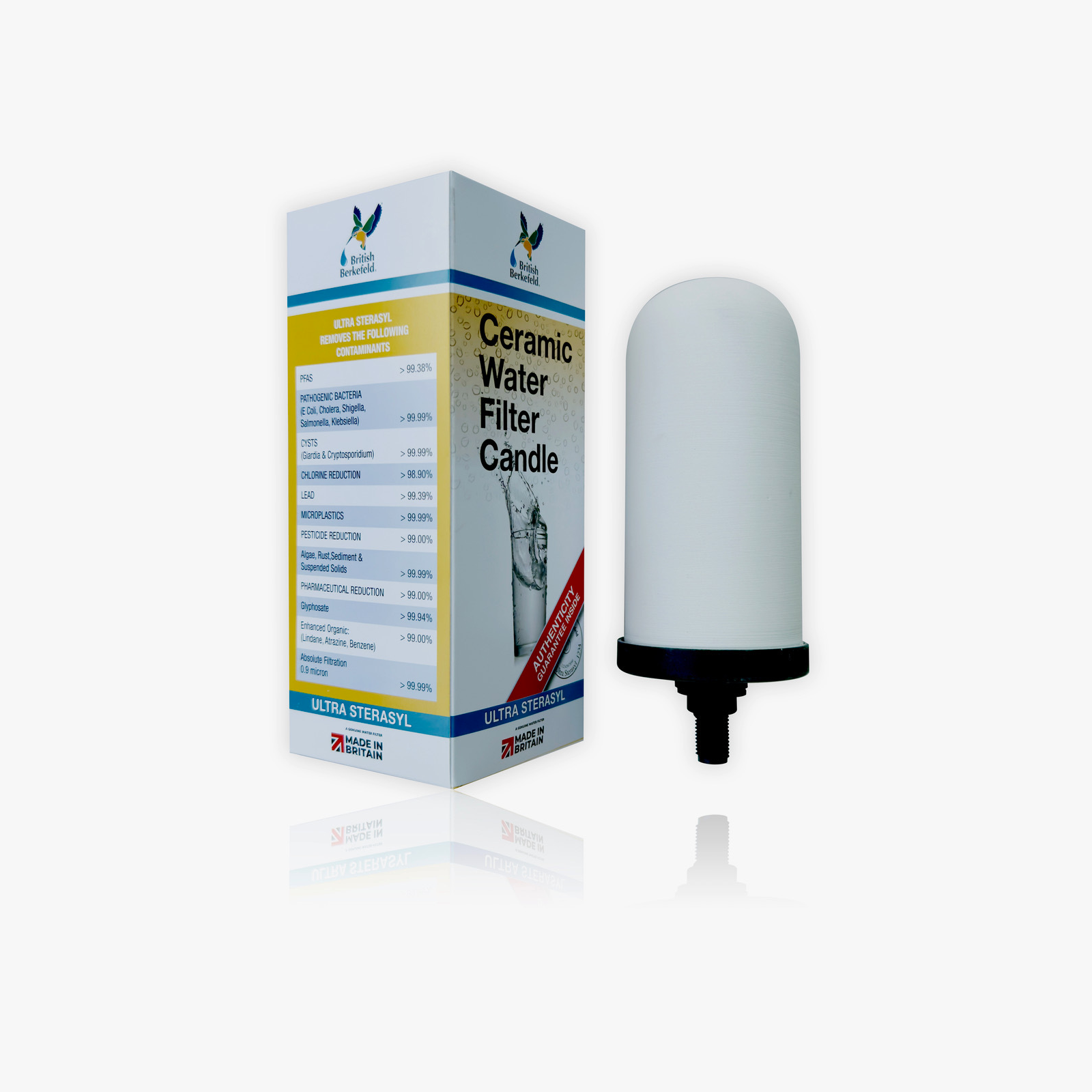 Ceramic water filter candle with packaging on a white background