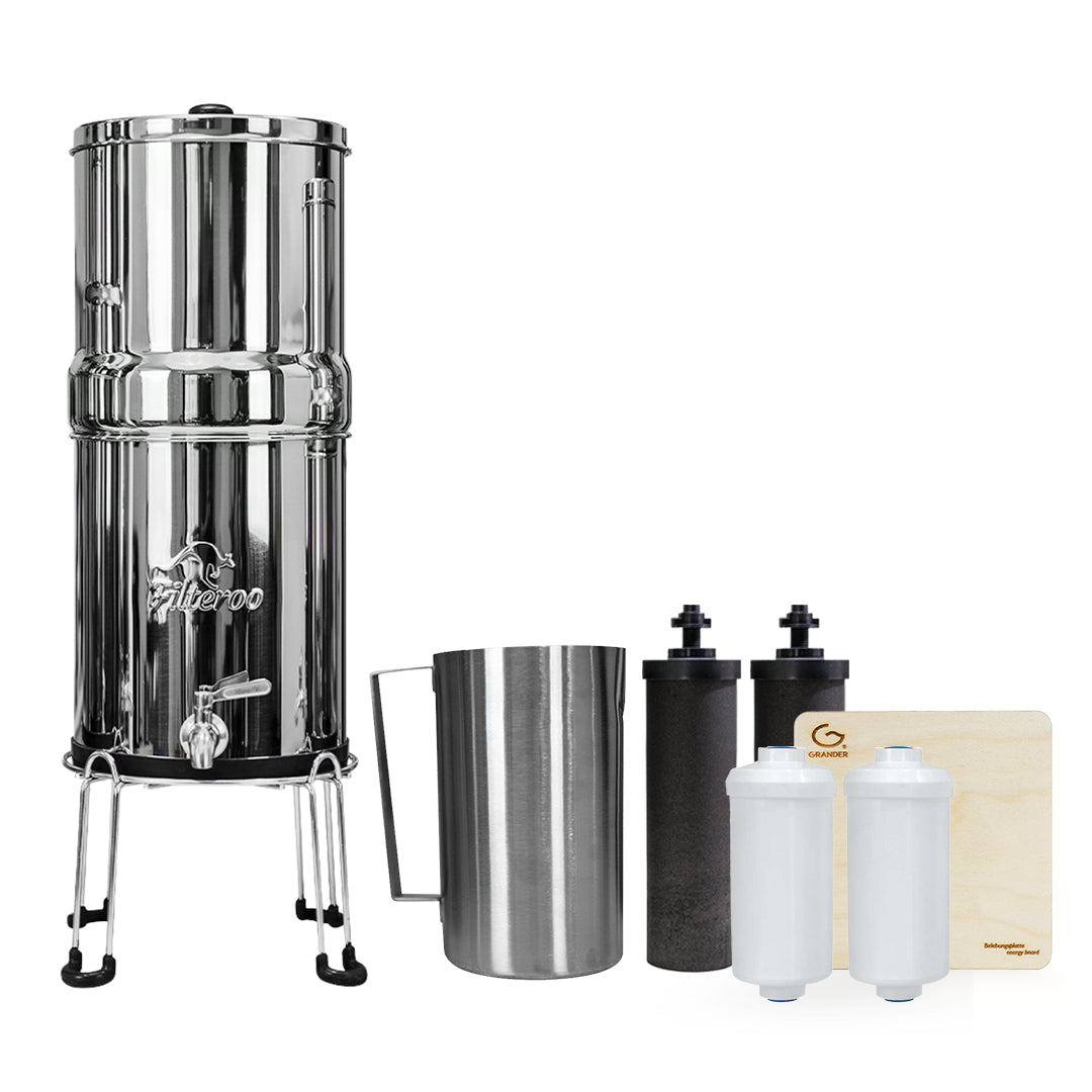 Filteroo® Stainless Steel Gravity Water Filter with Grander Revitalised Structured Water Energy Board and Fluoride Reduction Cartridge in white background